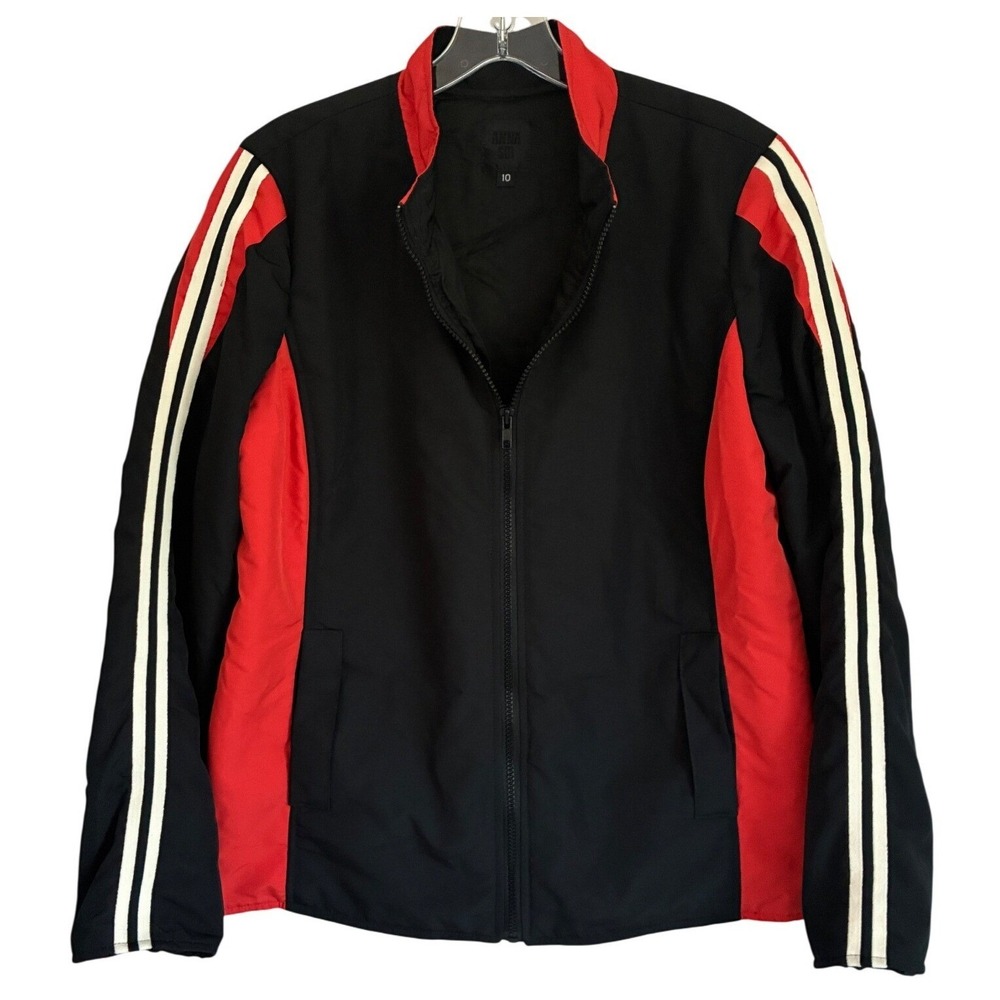 Anna Sui Womens Racing Jacket Black Red White Stripe Nylon Zip Up Made in USA 10